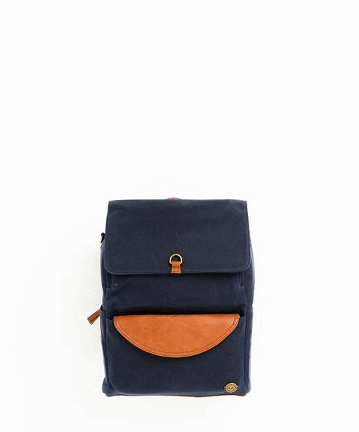 GIF showing the Momkindness Blue Clutch Backpack opening & closing, with removable clutch dropping into place.