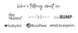 A collage of media logos under the heading "Who's Talking about us", including The Skimm, BuzzFeed, Motherly, WhatToExpect, Babylist and The Bump.