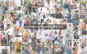 Large collage of moms with their children, using a variety of Momkindness bag styles with the hashtag #WeAreMomkindness.