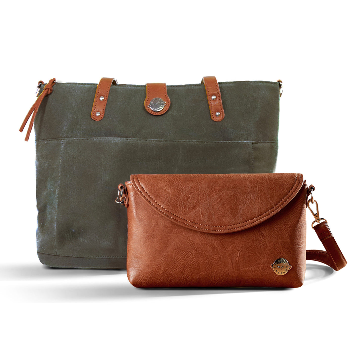 Forest green waxed canvas tote with brown vegan leather accents and brown vegan leather diaper clutch, all on a white background.