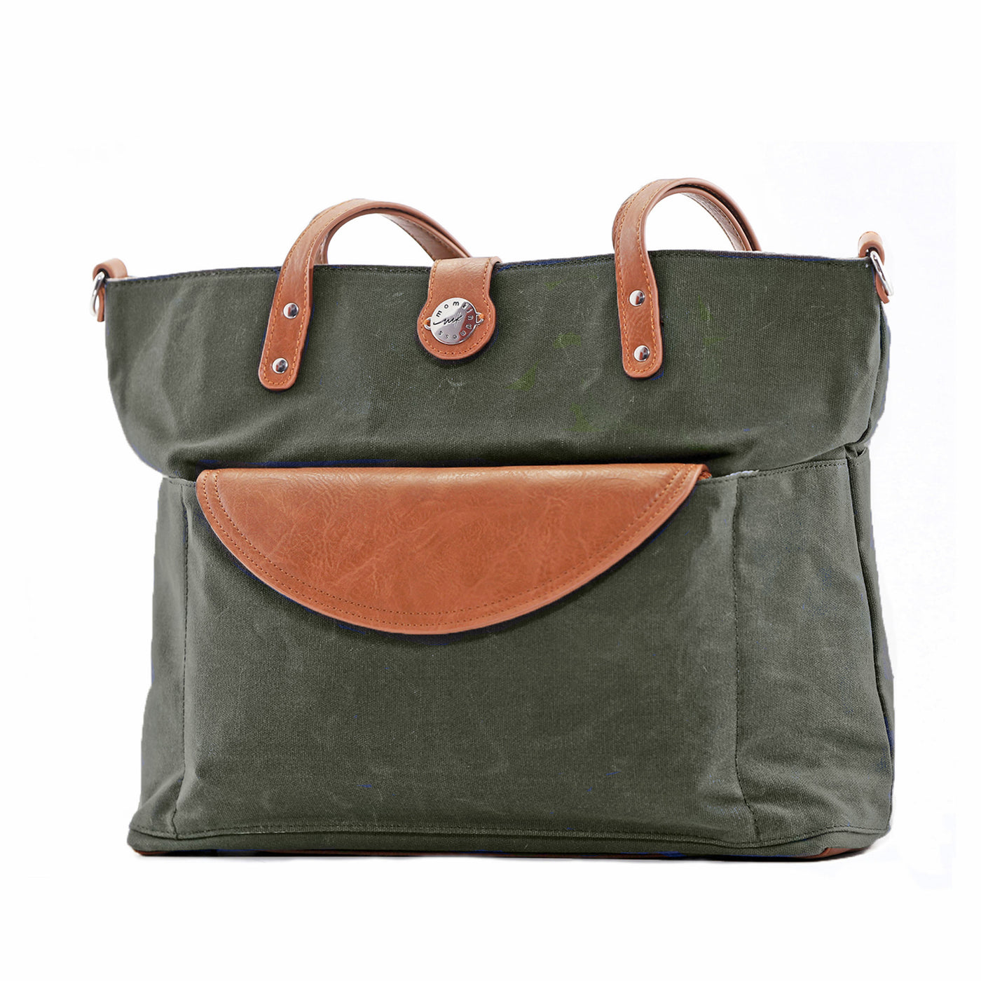 Forest green canvas tote bag with brown vegan leather accents and clutch tucked in front pocket, shown on white background.