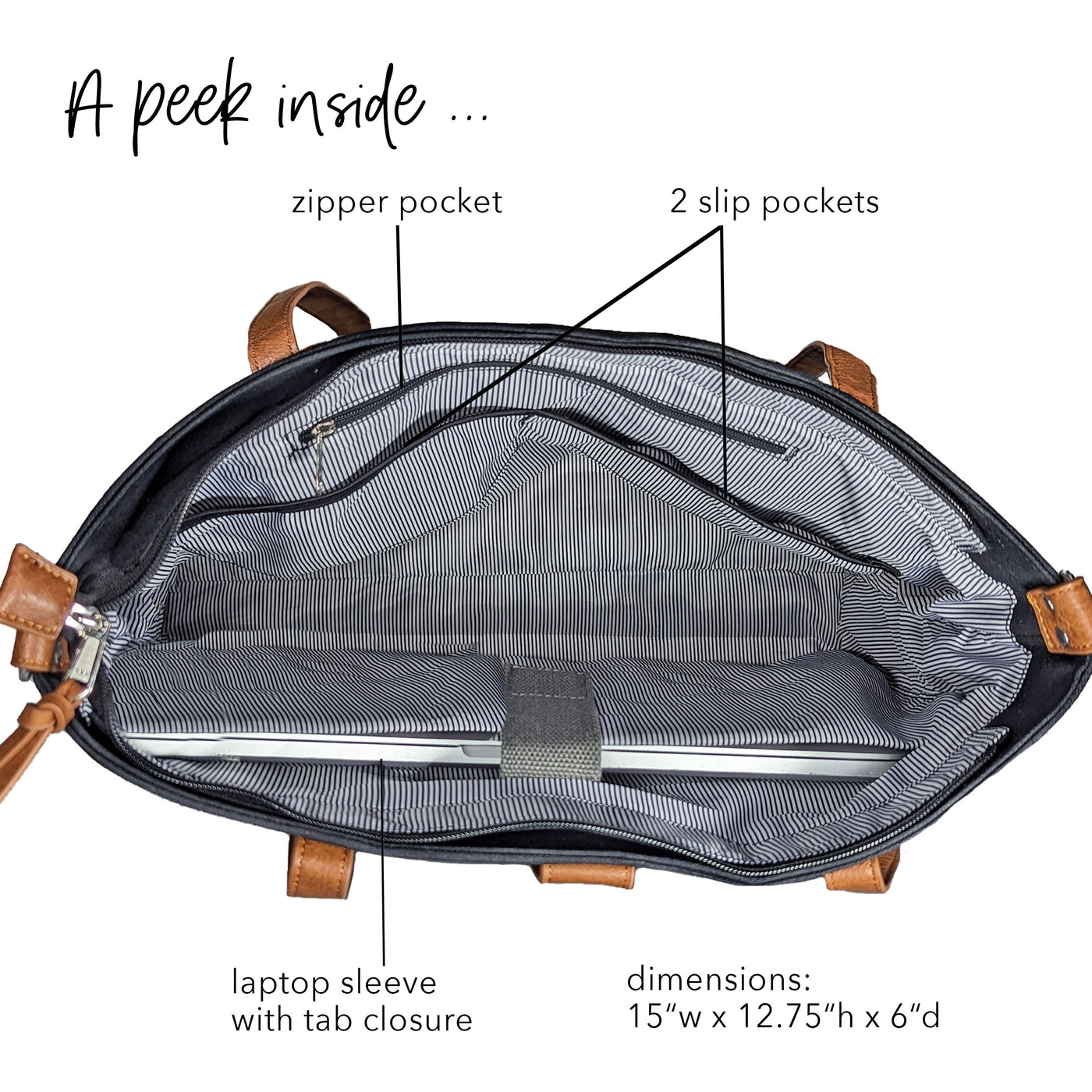 Top-down view of the CarryAll Tote bag interior, showing laptop sleeve, 2 slip pockets and 1 zipper pocket, all fully-lined with a thin B&W stripe pattern.