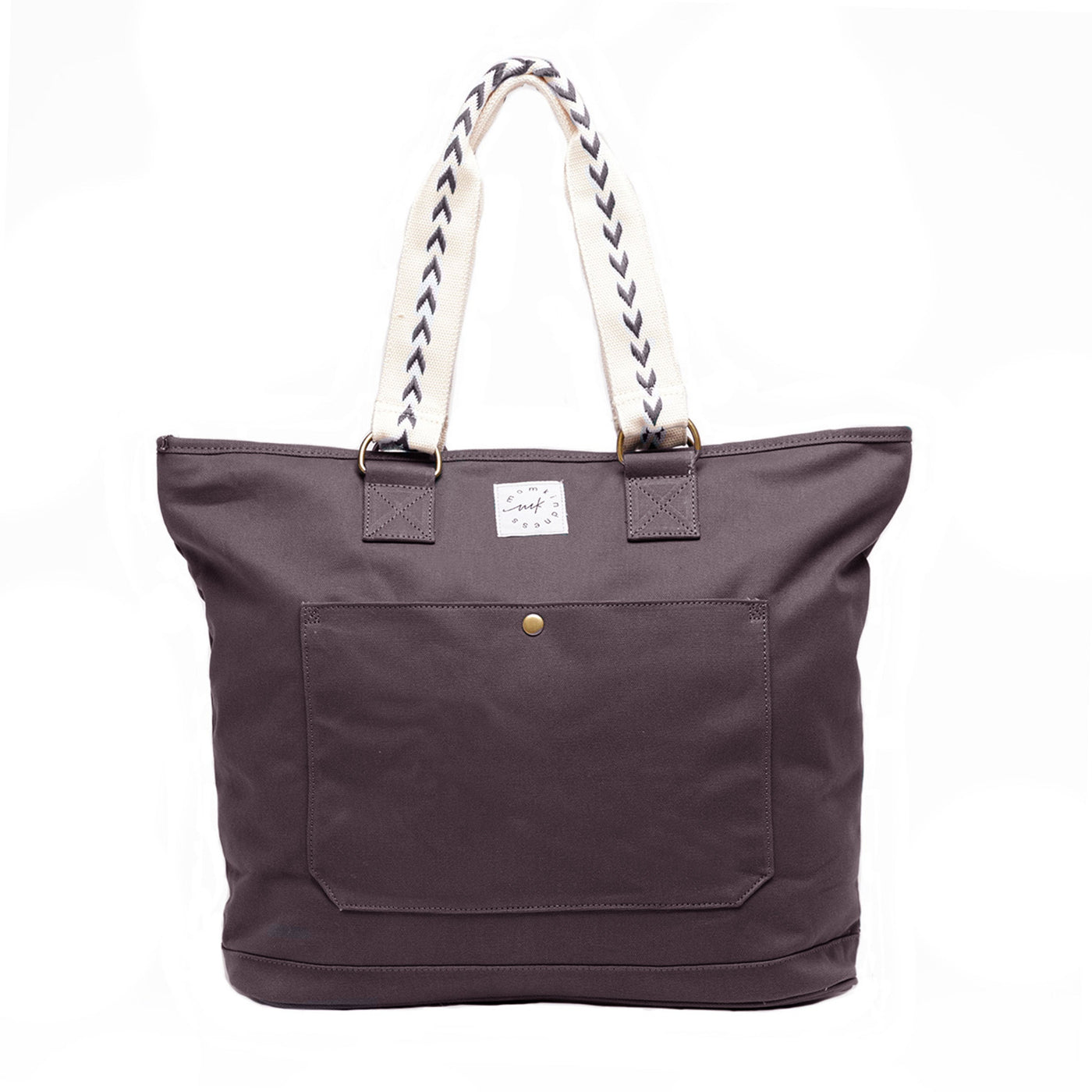 An extra-roomy canvas weekender tote in a graphite color with ivory embroidered shoulder straps with an arrow pattern, shown front-facing on a white background.