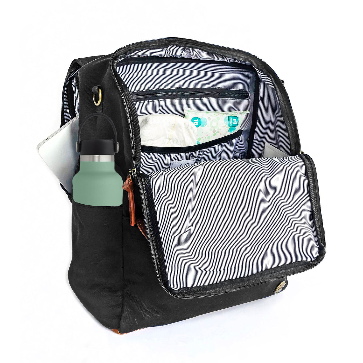 A front-facing 3/4 view of a black waxed canvas backpack with front flap zipped open showing pockets inside, a water bottle in side pocket, and a laptop in separate back compartment. Wipe-clean lining is a thin black and white stripe pattern with black accents. Image shown on a white background.