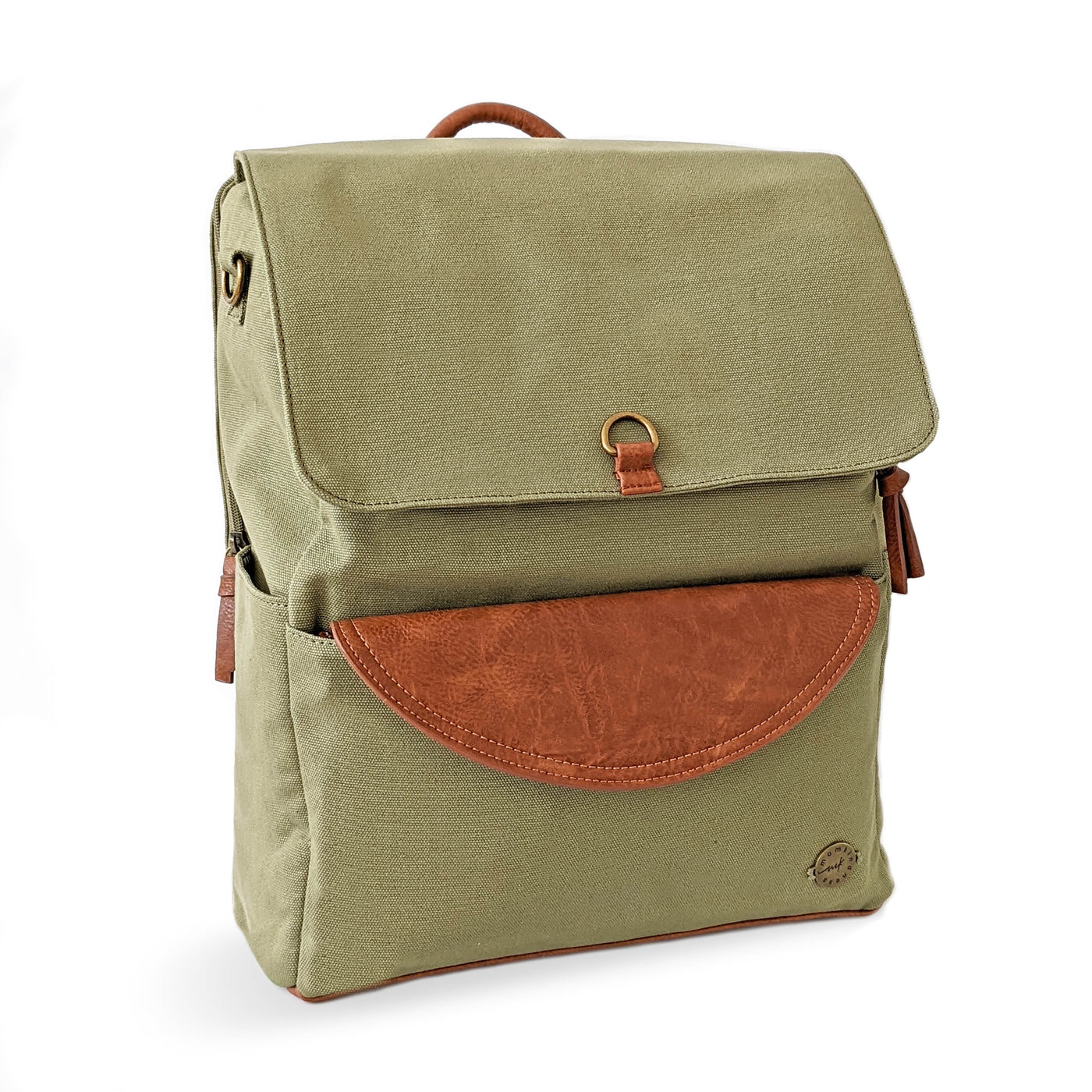 A laurel green colored canvas backpack diaper bag with caramel brown vegan leather accents, shown in a 3/4 front view on a white background. 