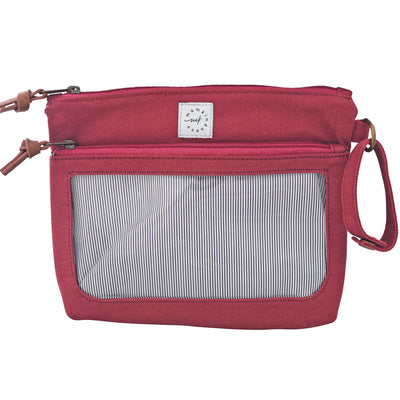 A berry colored canvas pouch with 2 zip-close compartments, a clear view window and a wristlet strap, on a white background.