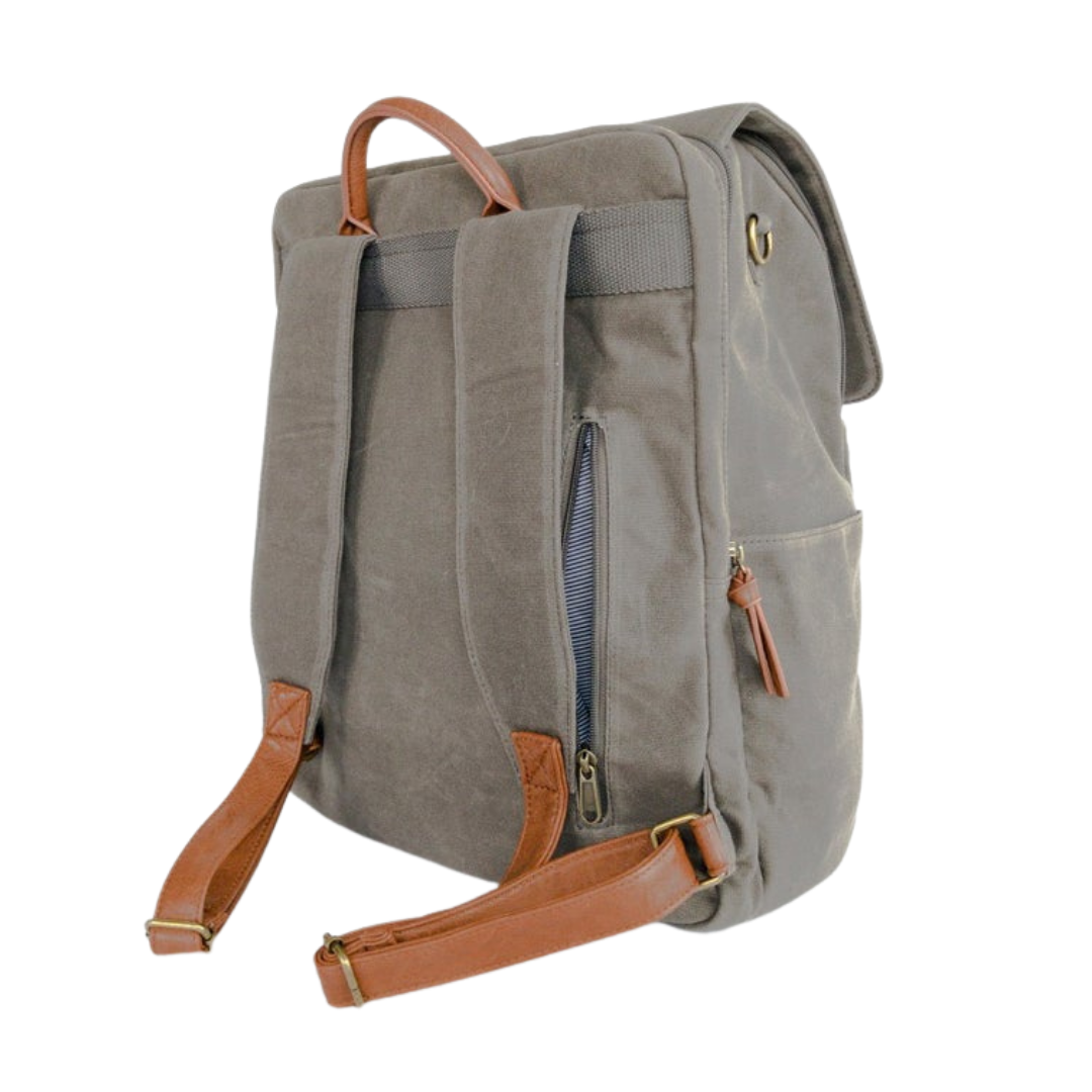 A back-facing 3/4 view of grey canvas backpack that shows zip-close back pocket in open position that conveniently stores items that need to be easily accessible.Side water bottle pocket and separate padded laptop pocket that has a zipper closure also shown. Image shown on white background.