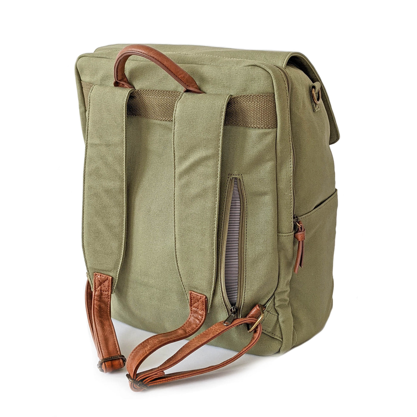 A laurel green colored canvas backpack diaper bag with caramel brown vegan leather accents, shown in a 3/4 rear view on a white background.