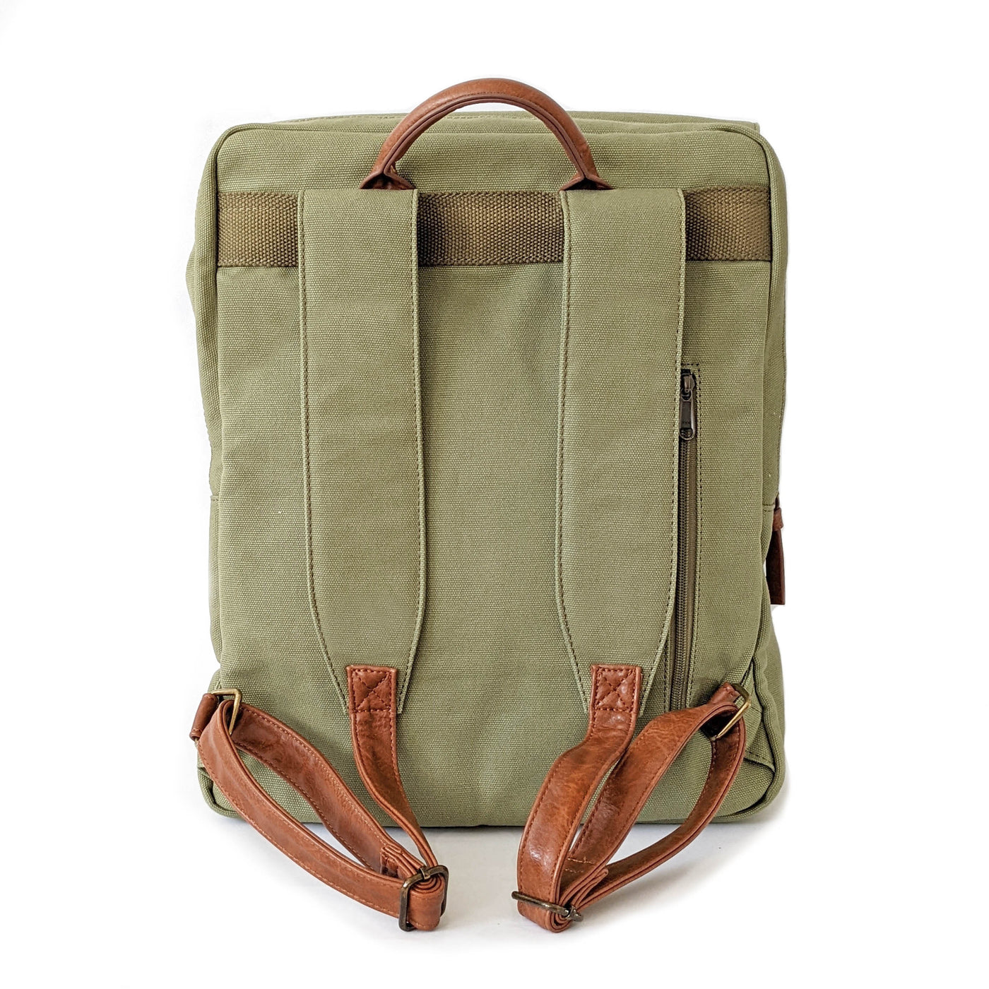 A laurel green colored canvas backpack with caramel brown vegan leather accents, shown in a rear view on a white background.