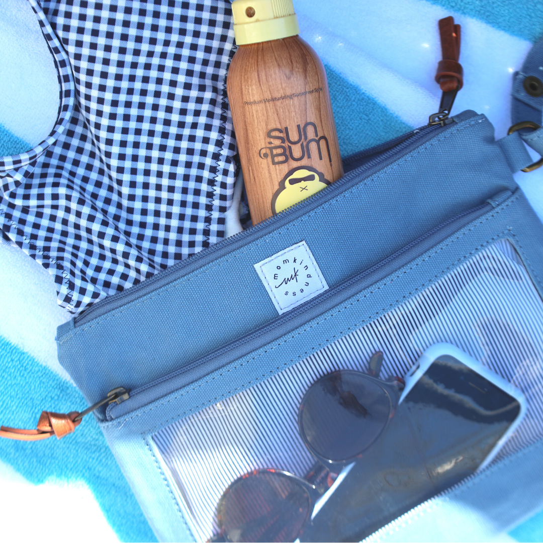 Dusty blue pouch with large wet bag pocket showing kids bathing suit and sunscreen coming out of pocket and front pocket with clear window shows phone and sunglasses. Perfect pouch for beach travel.