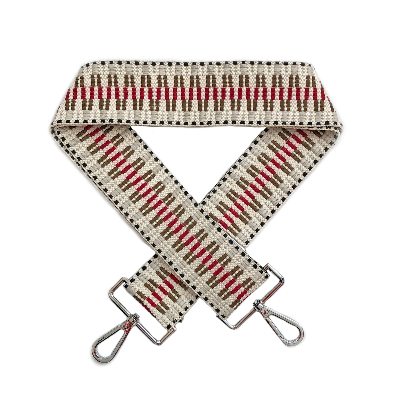 A beige, black, grey, maroon and brown geometric patterned woven bag strap with silver metal buckles, shown laying on a plain white background.