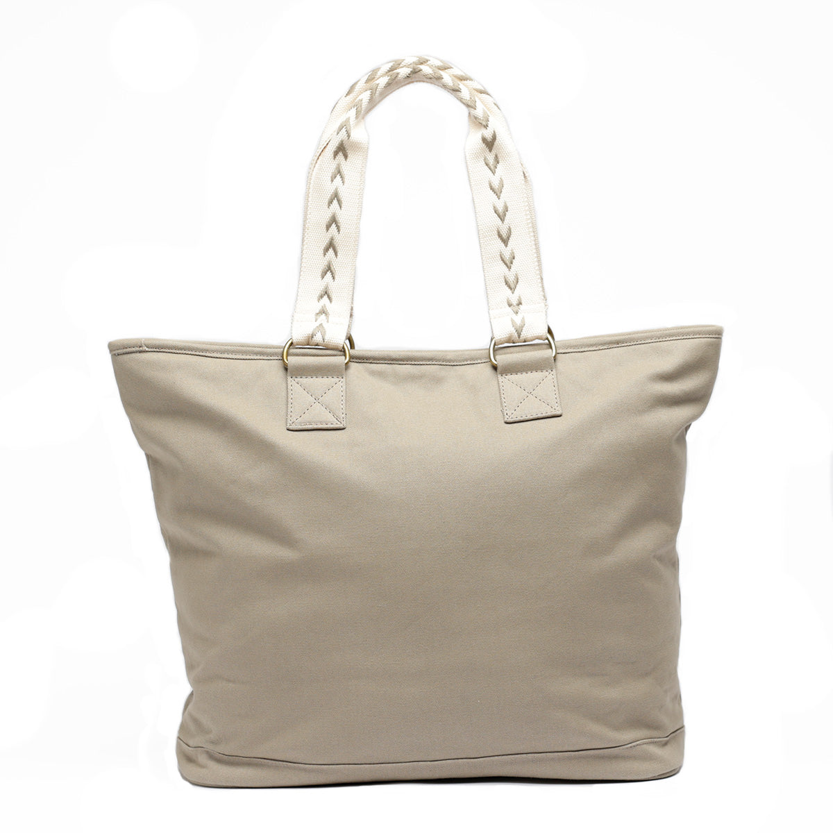 Back side of Rye (Tan) large capacity tote with off-white handles that have a tan accent stitch design on them.